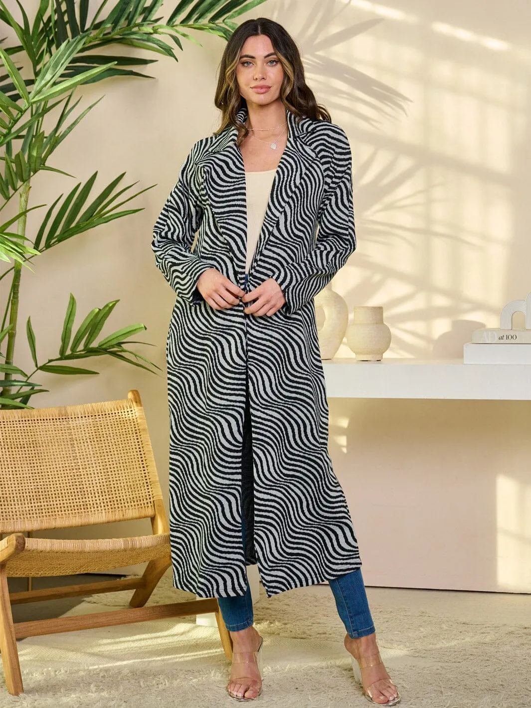 WOMEN'S LONG SLEEVE OPEN FRONT PRINTED COAT