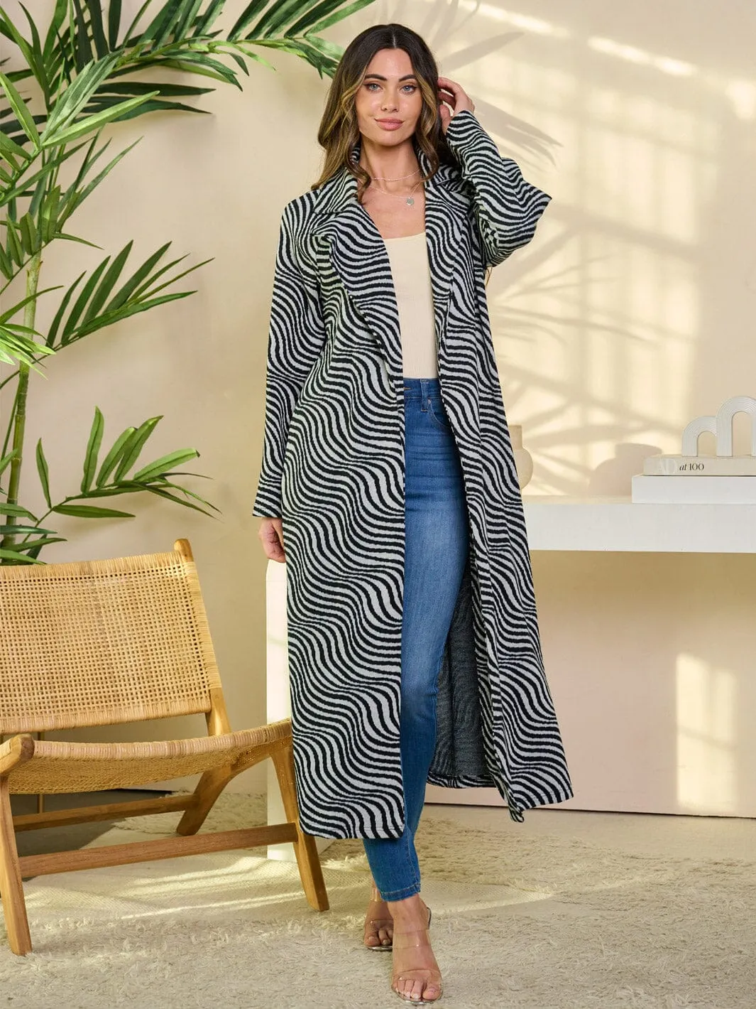 WOMEN'S LONG SLEEVE OPEN FRONT PRINTED COAT