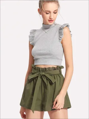 Women's Ruffle Tie Up Waist Wide Leg Shorts