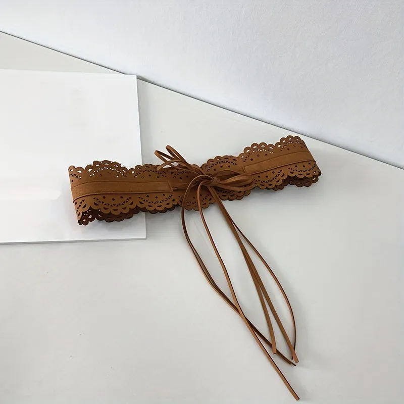 Women's Wide Waist Belt with Lace Cutout Detailing PU Belt