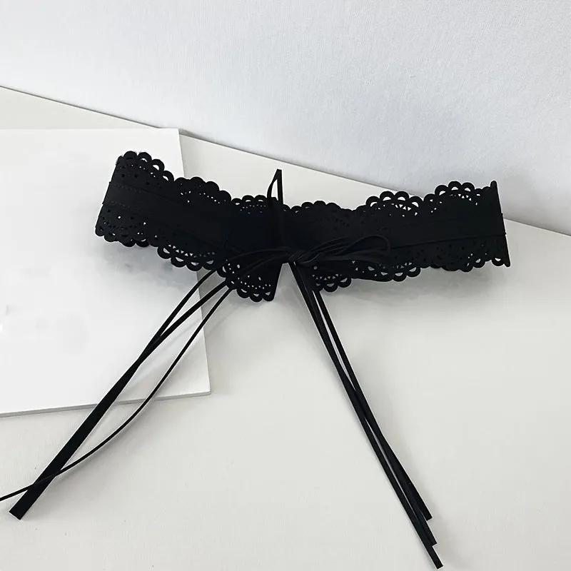 Women's Wide Waist Belt with Lace Cutout Detailing PU Belt