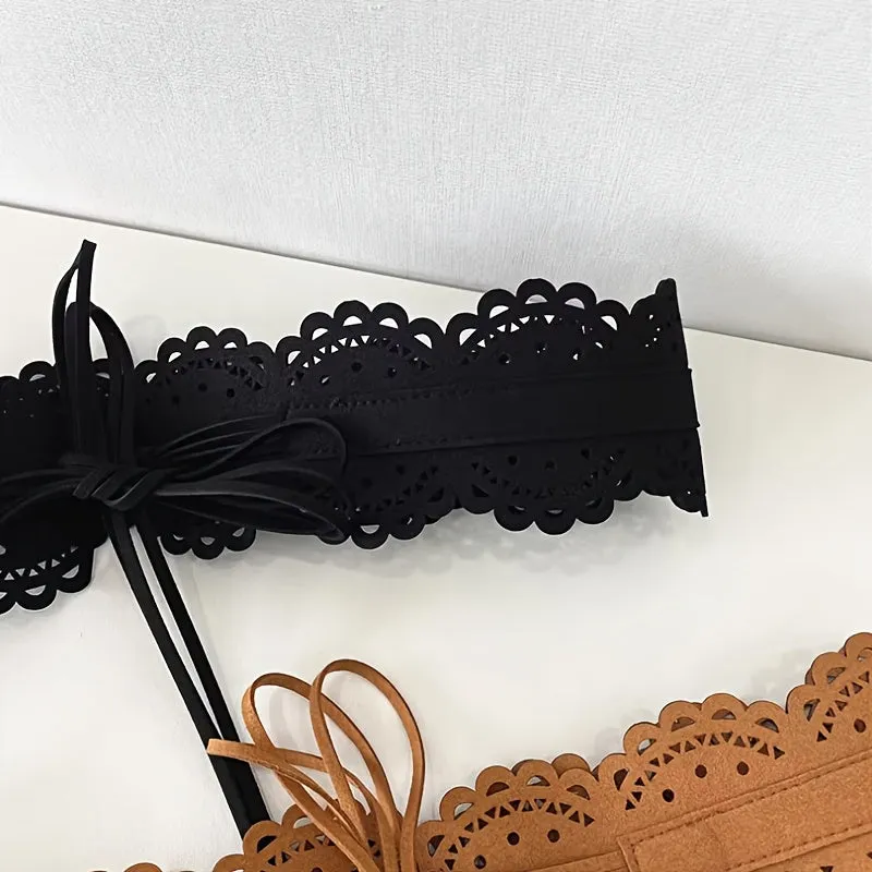 Women's Wide Waist Belt with Lace Cutout Detailing PU Belt