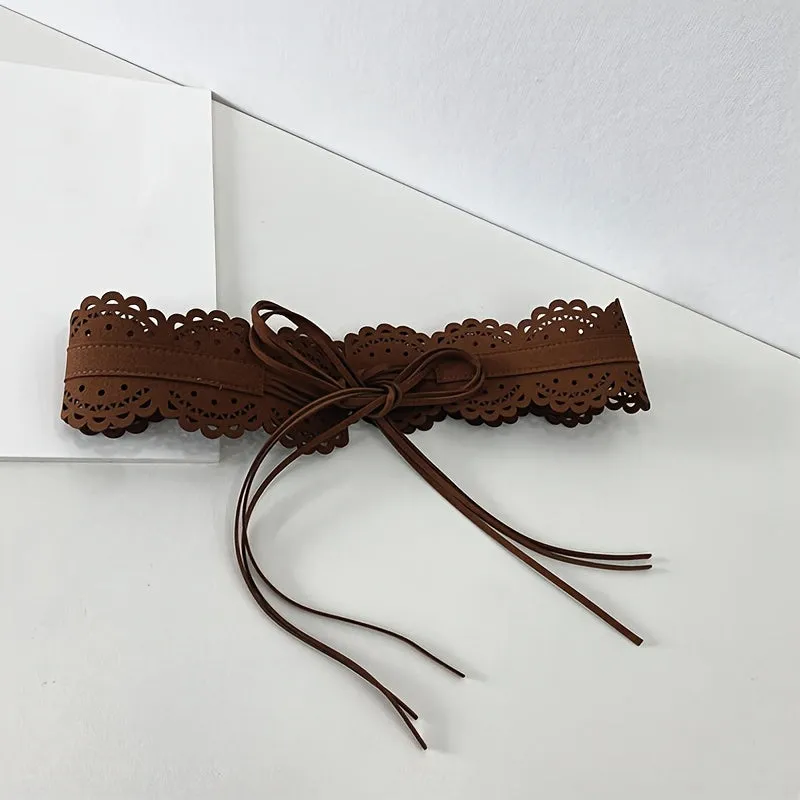Women's Wide Waist Belt with Lace Cutout Detailing PU Belt