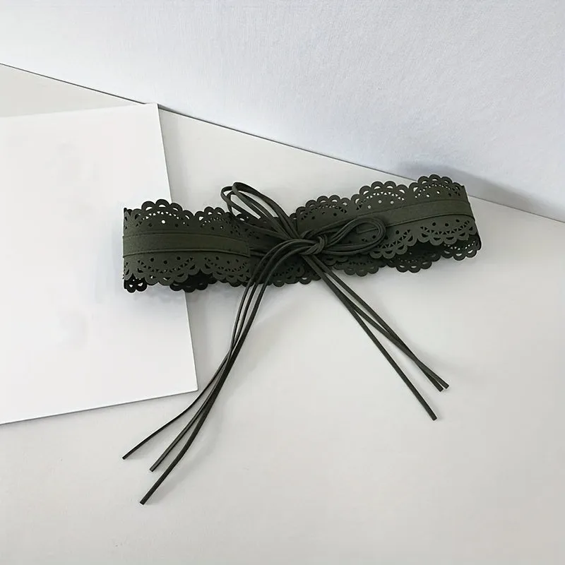 Women's Wide Waist Belt with Lace Cutout Detailing PU Belt