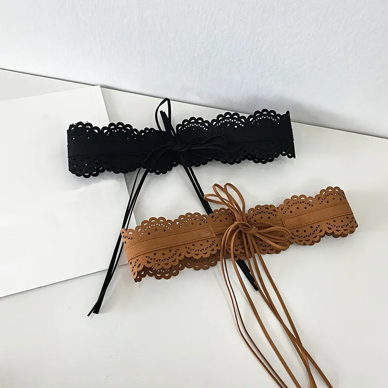 Women's Wide Waist Belt with Lace Cutout Detailing PU Belt