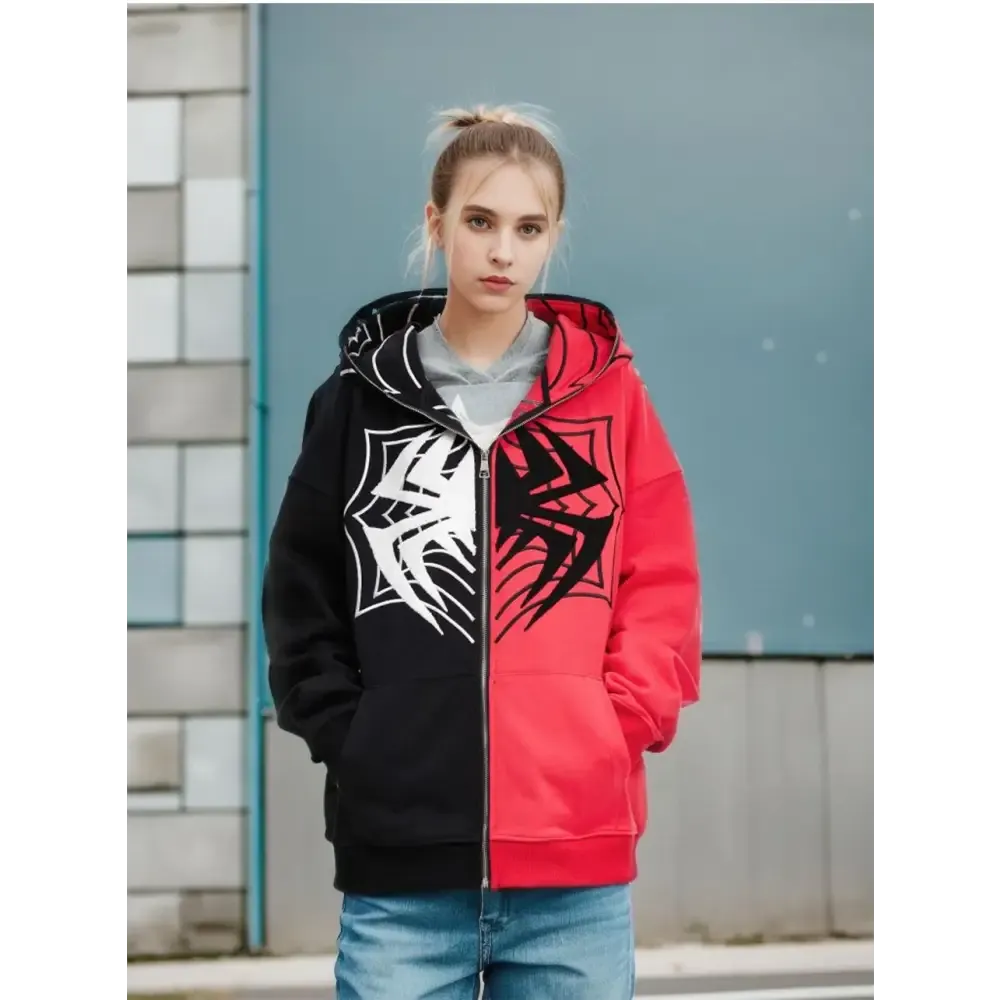 Y2K Spider Embroidered Zip Hoodie for Stylish Comfort