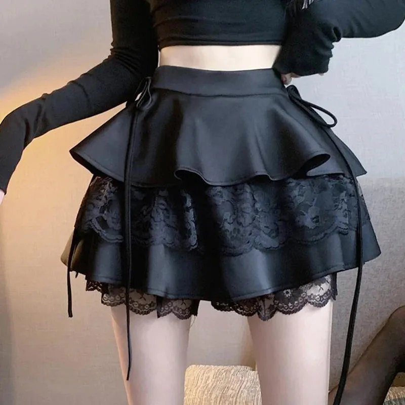 Y2K Sweet Solid Women Mini Skirt Summer High Waist Lace Patchwork