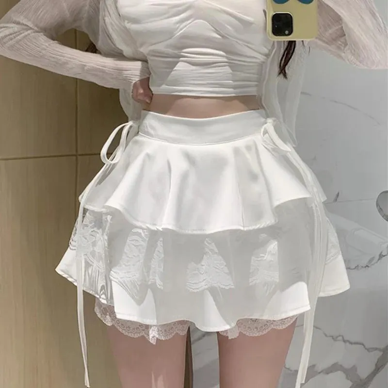 Y2K Sweet Solid Women Mini Skirt Summer High Waist Lace Patchwork