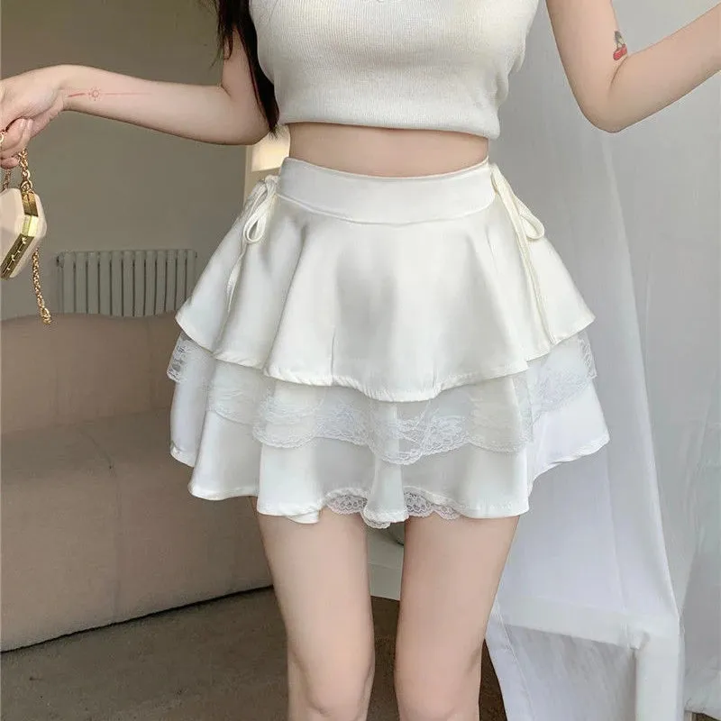 Y2K Sweet Solid Women Mini Skirt Summer High Waist Lace Patchwork