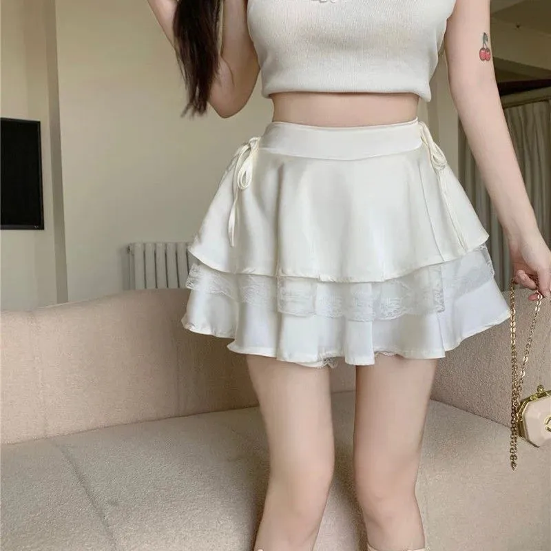 Y2K Sweet Solid Women Mini Skirt Summer High Waist Lace Patchwork