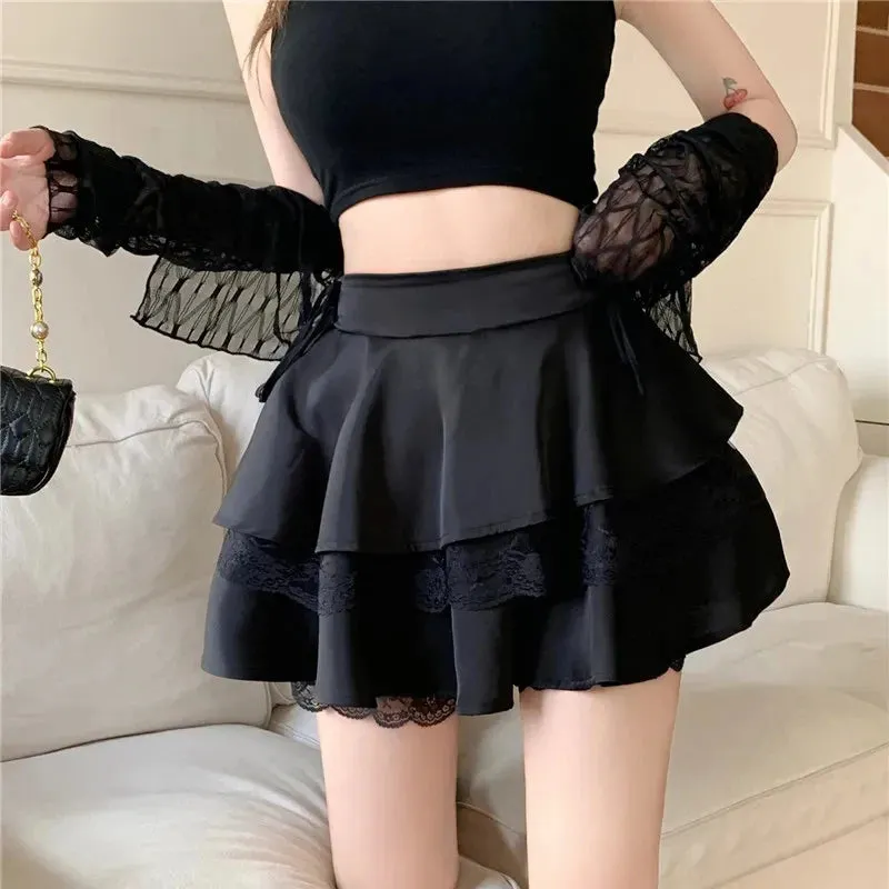 Y2K Sweet Solid Women Mini Skirt Summer High Waist Lace Patchwork