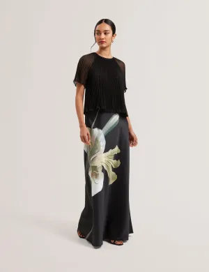 Zionna Satin Printed Maxi Skirt Black